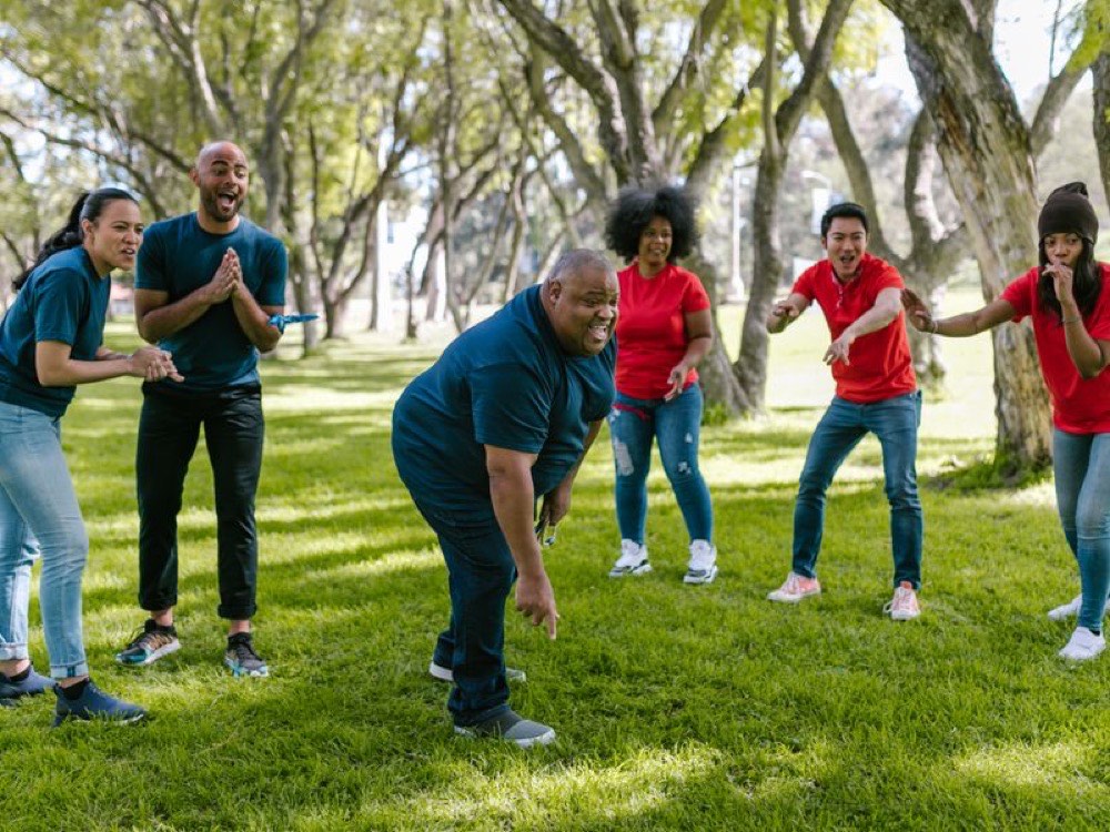 A group playing games together outdoors